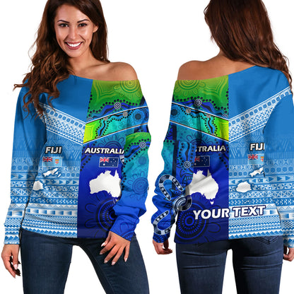 Fiji And Australia Custom Personalised Off Shoulder Sweatshirt Fijian Tapa With Australia Aboriginal Style