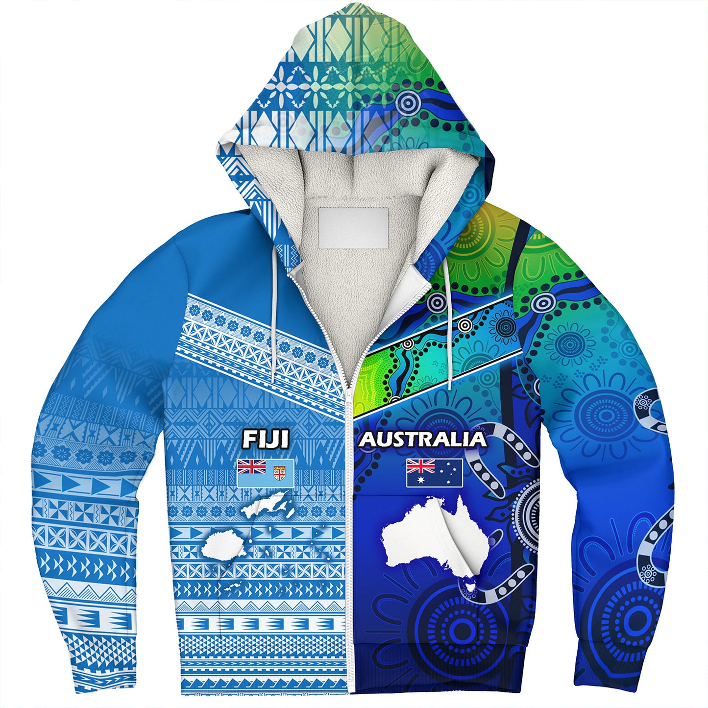 Fiji And Australia Custom Personalised Sherpa Hoodie Fijian Tapa With Australia Aboriginal Style