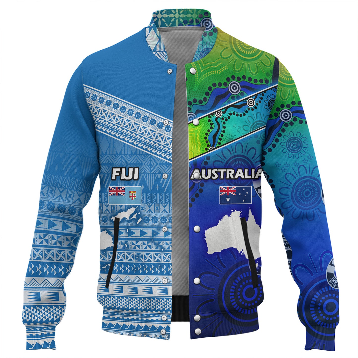 Fiji And Australia Custom Personalised Baseball Jacket Fijian Tapa With Australia Aboriginal Style