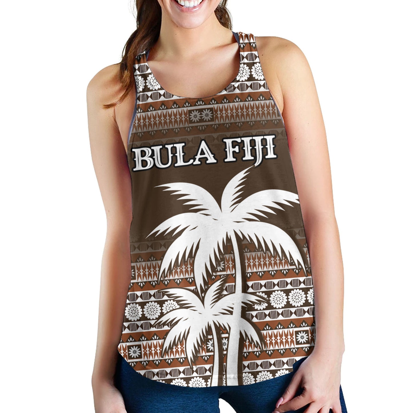 Fiji Women Tank Custom Bula Fiji Masi Brown Patterns