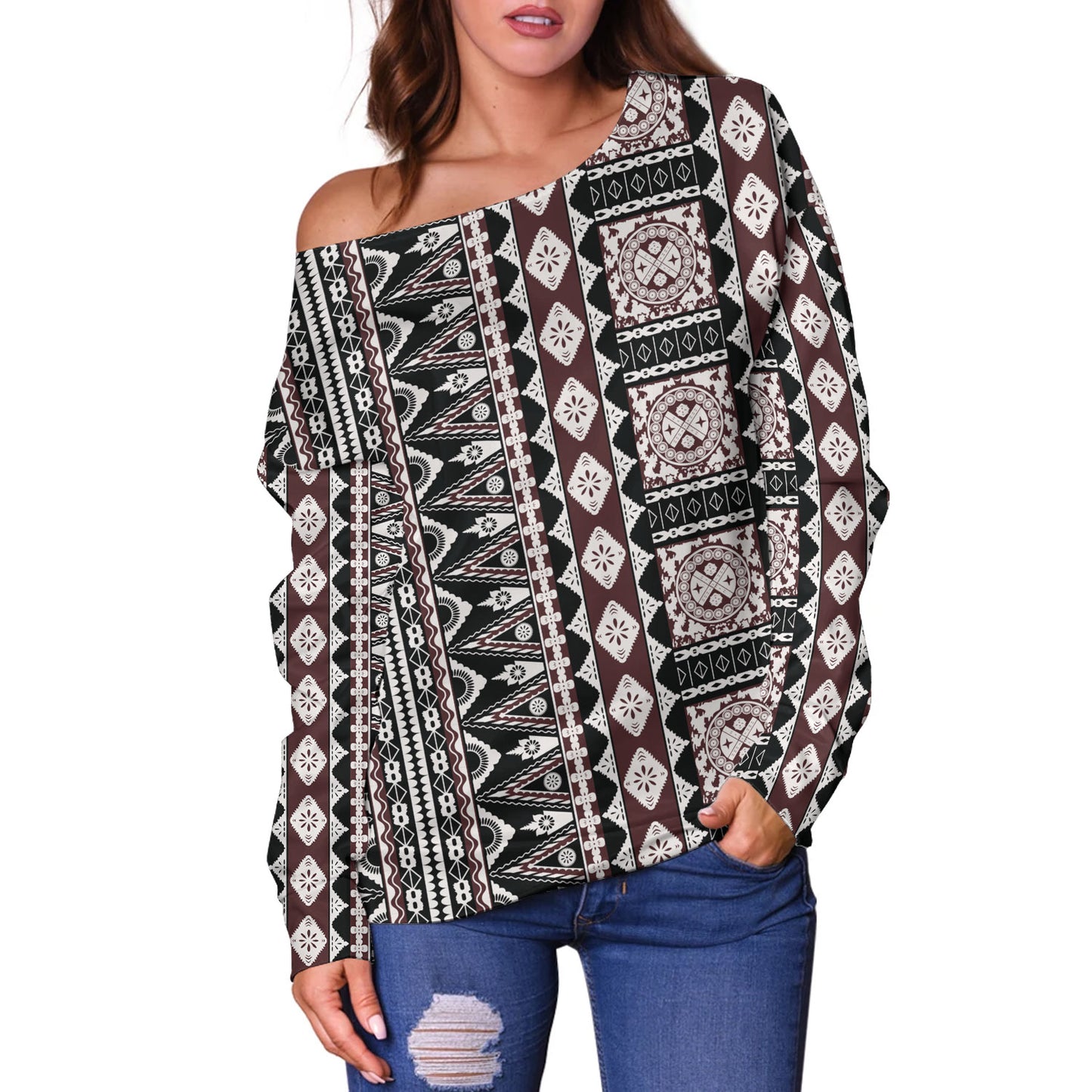 Fiji Off Shoulder Sweatshirt Bula Fiji Masi Motif Brown Color Design
