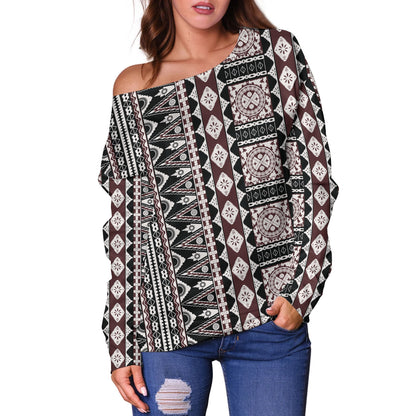 Fiji Off Shoulder Sweatshirt Bula Fiji Masi Motif Brown Color Design