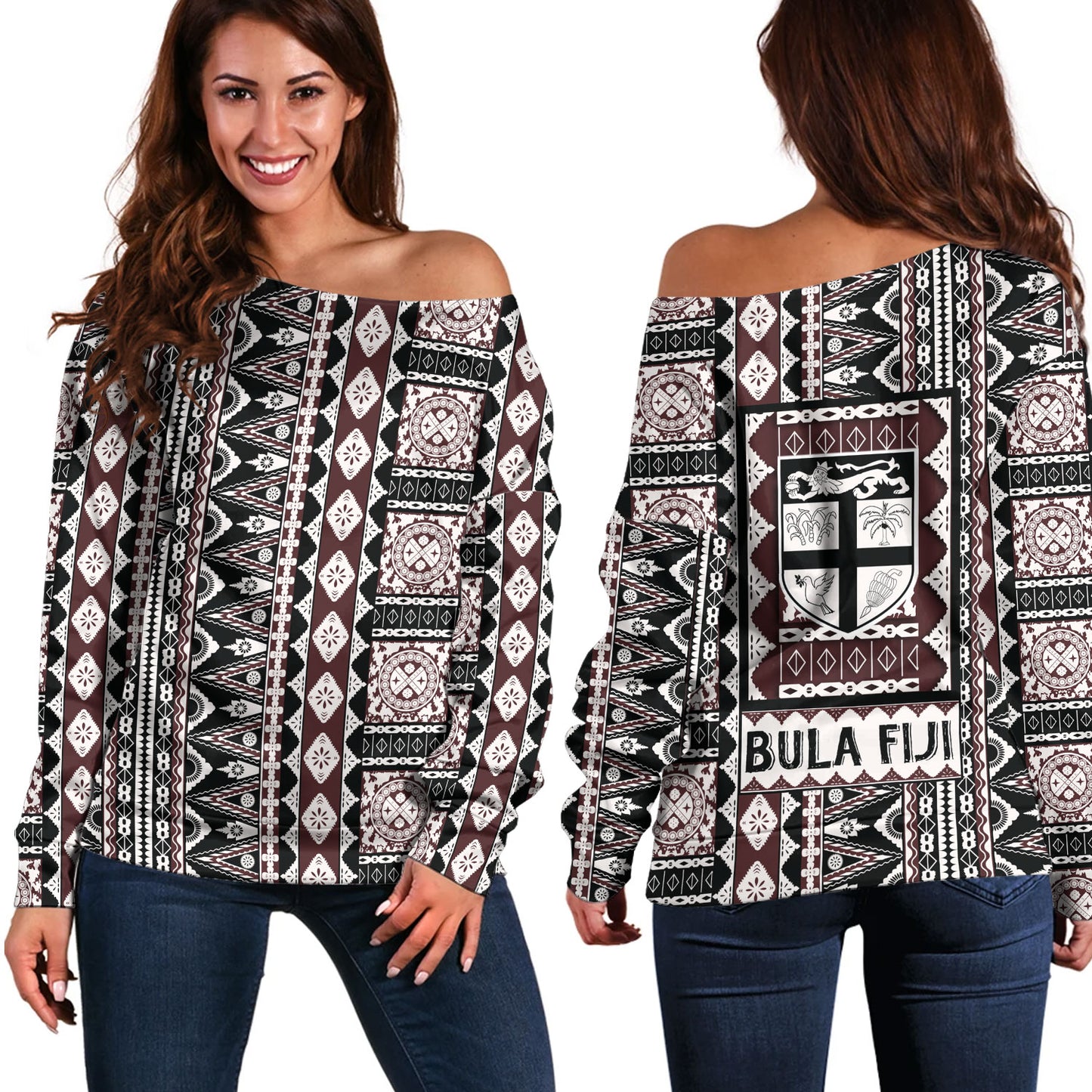 Fiji Off Shoulder Sweatshirt Bula Fiji Masi Motif Brown Color Design