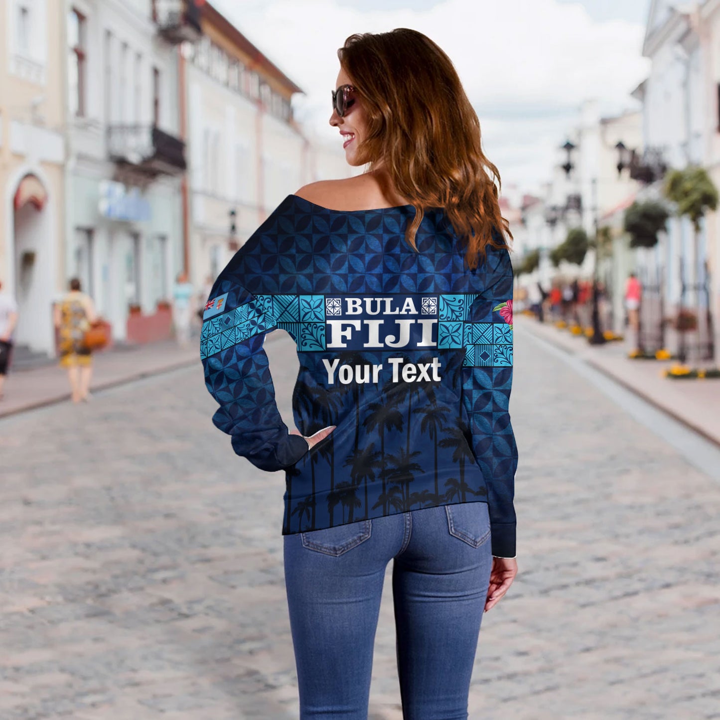 Fiji Off Shoulder Sweatshirt - Custom Bula Fiji Masi Palm Tree Design