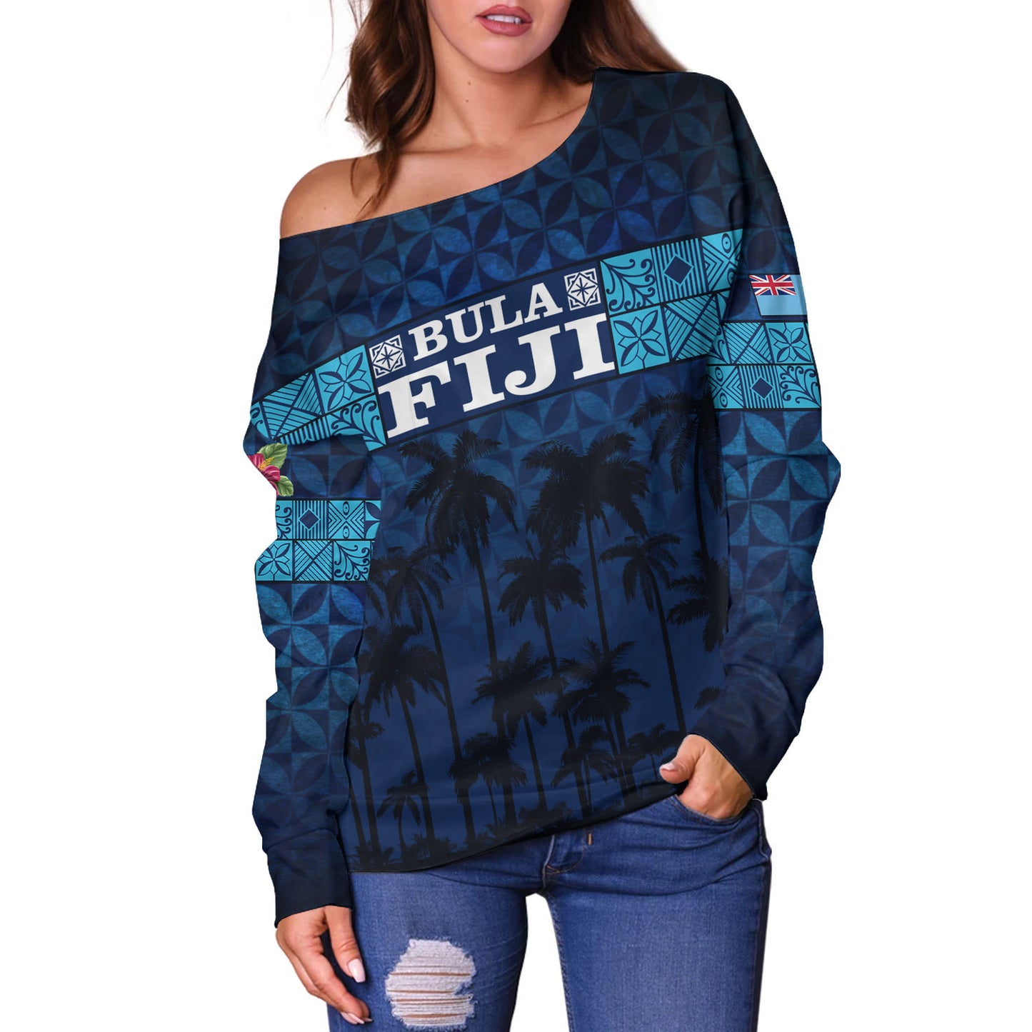 Fiji Off Shoulder Sweatshirt - Custom Bula Fiji Masi Palm Tree Design