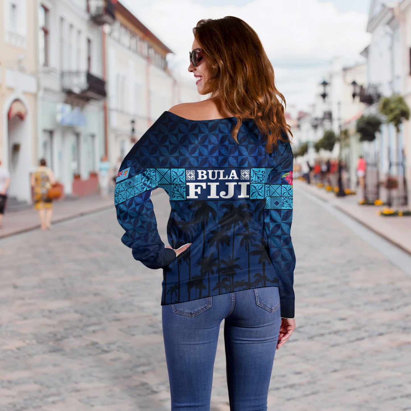 Fiji Off Shoulder Sweatshirt - Custom Bula Fiji Masi Palm Tree Design
