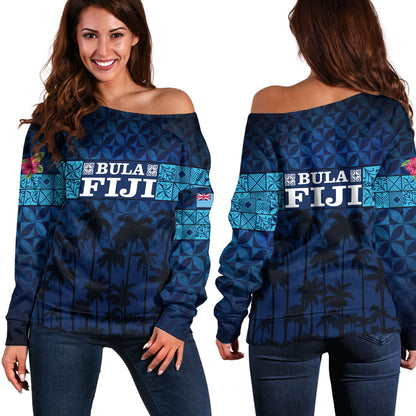 Fiji Off Shoulder Sweatshirt - Custom Bula Fiji Masi Palm Tree Design