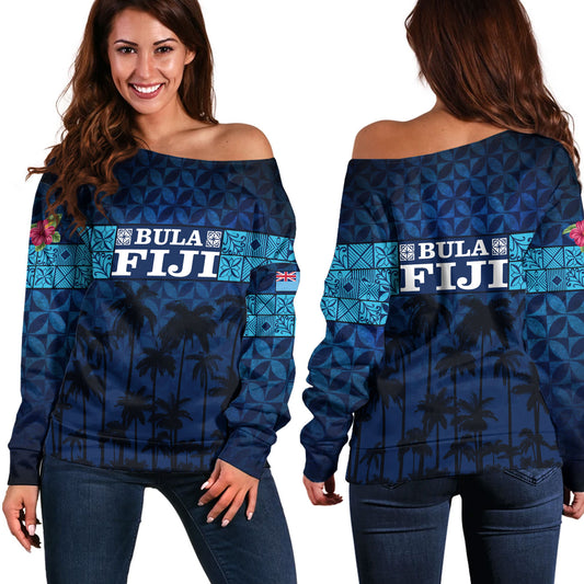 Fiji Off Shoulder Sweatshirt - Custom Bula Fiji Masi Palm Tree Design