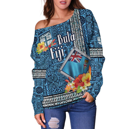 Fiji Off Shoulder Sweatshirt Bula Fiji Masi Tropical Flowers Special Design