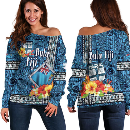 Fiji Off Shoulder Sweatshirt Bula Fiji Masi Tropical Flowers Special Design