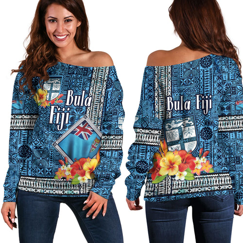 Fiji Off Shoulder Sweatshirt Bula Fiji Masi Tropical Flowers Special Design