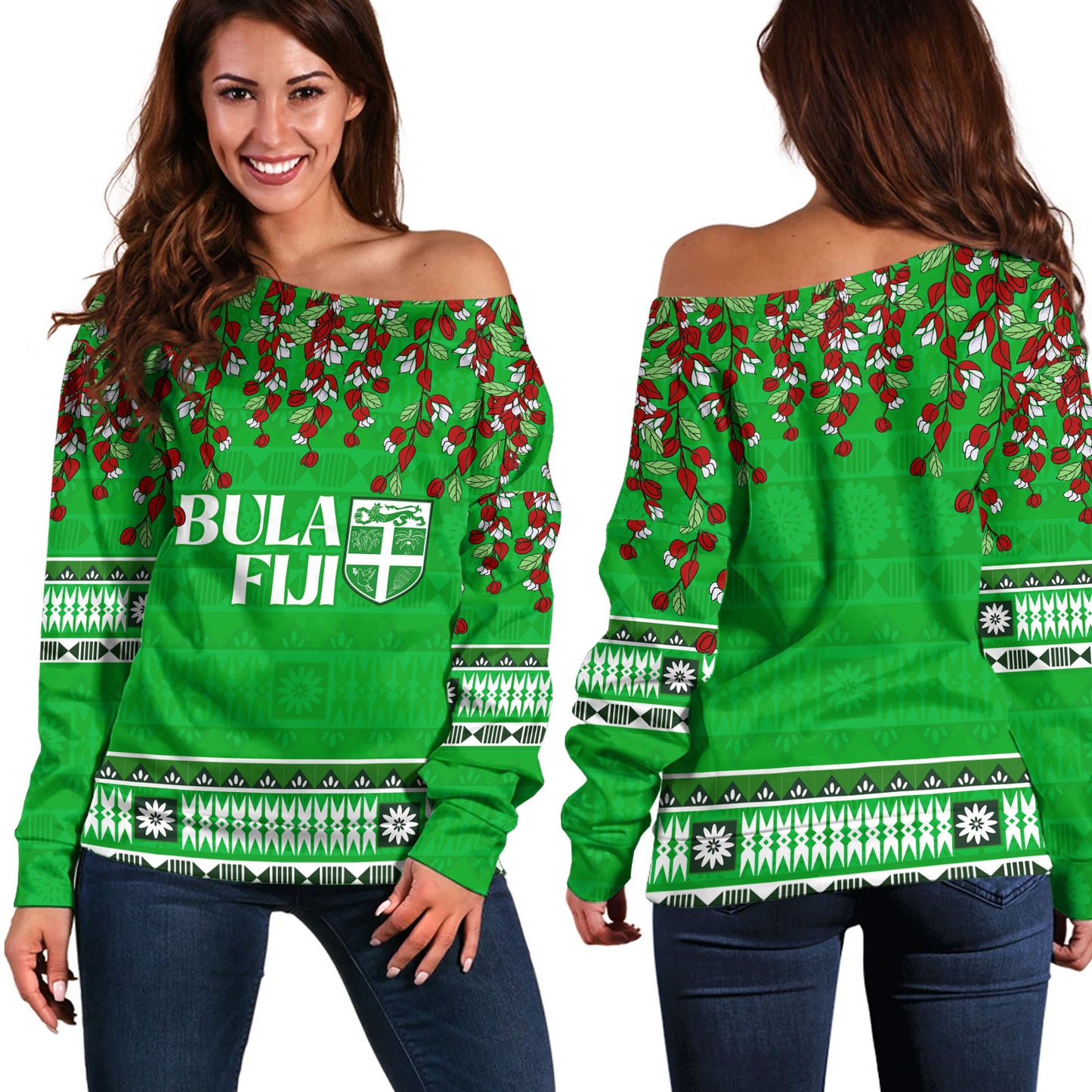 Fiji Off Shoulder Sweatshirt Bula Fiji Masi With Tagimaucia Flowers