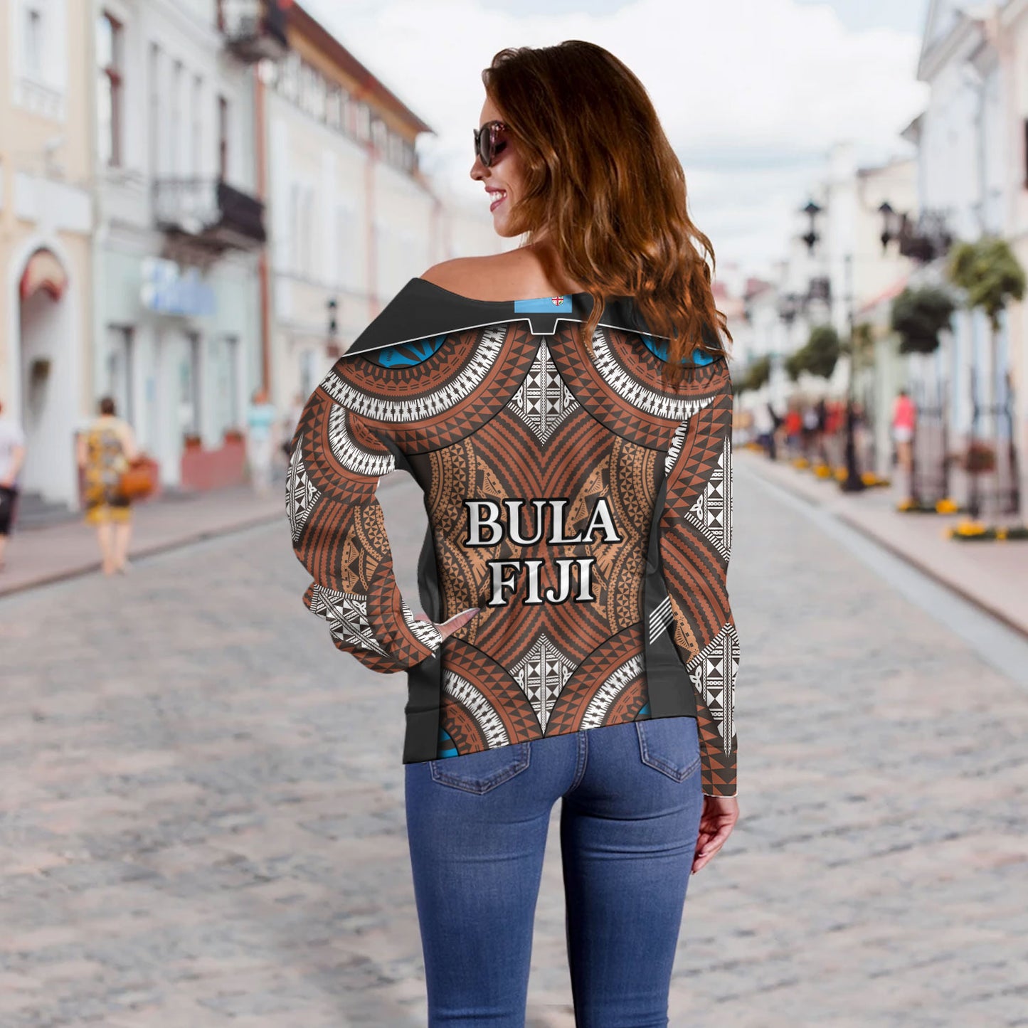 Fiji Off Shoulder Sweatshirt Custom Bula Fiji Rugby Tapa Design