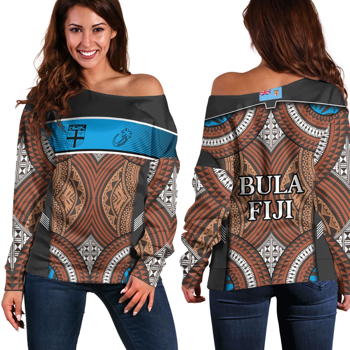 Fiji Off Shoulder Sweatshirt Custom Bula Fiji Rugby Tapa Design