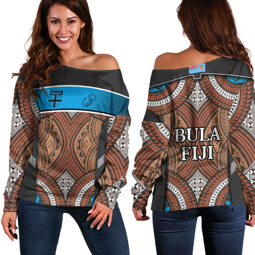 Fiji Off Shoulder Sweatshirt Custom Bula Fiji Rugby Tapa Design