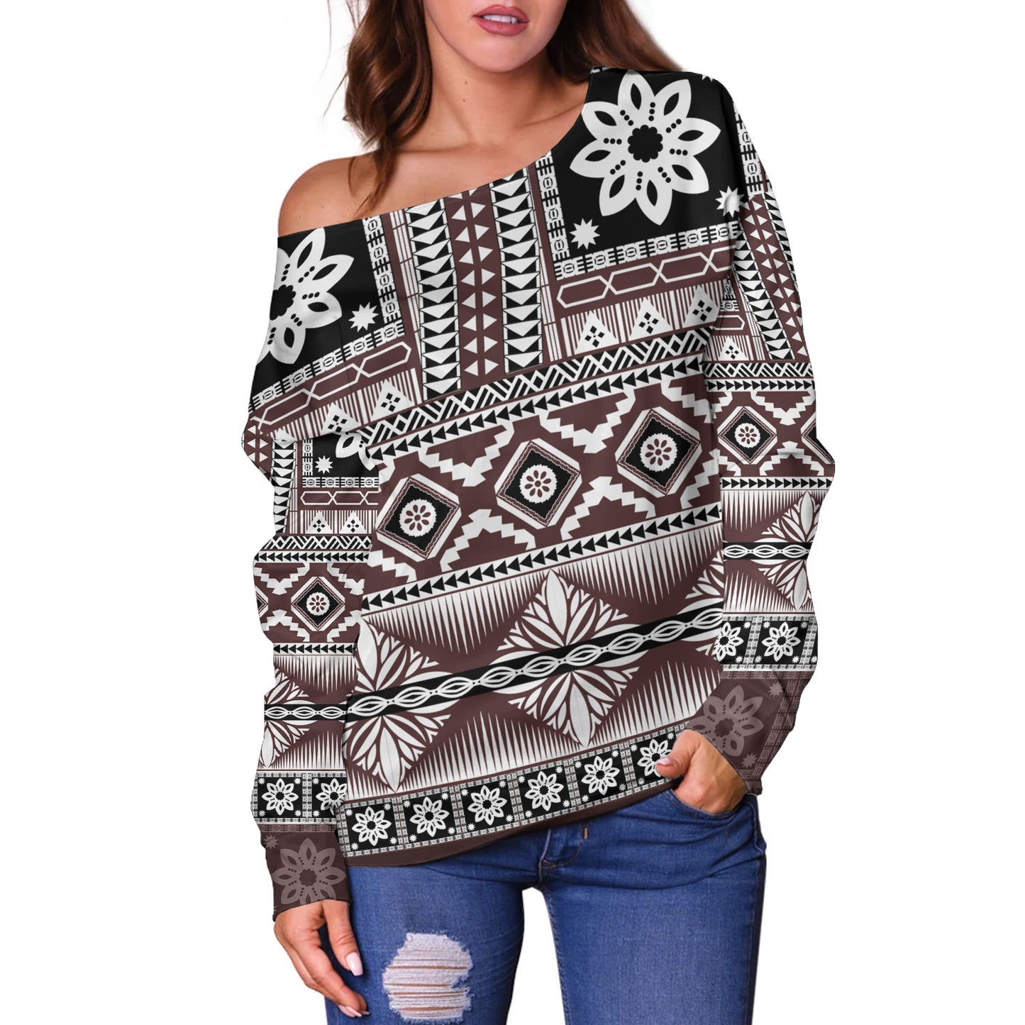 Fiji Off Shoulder Sweatshirt Bula Fijian Masi Tapa Vintage Style