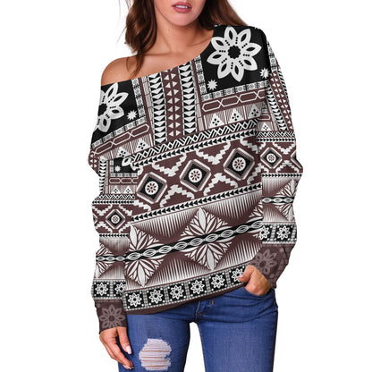 Fiji Off Shoulder Sweatshirt Bula Fijian Masi Tapa Vintage Style