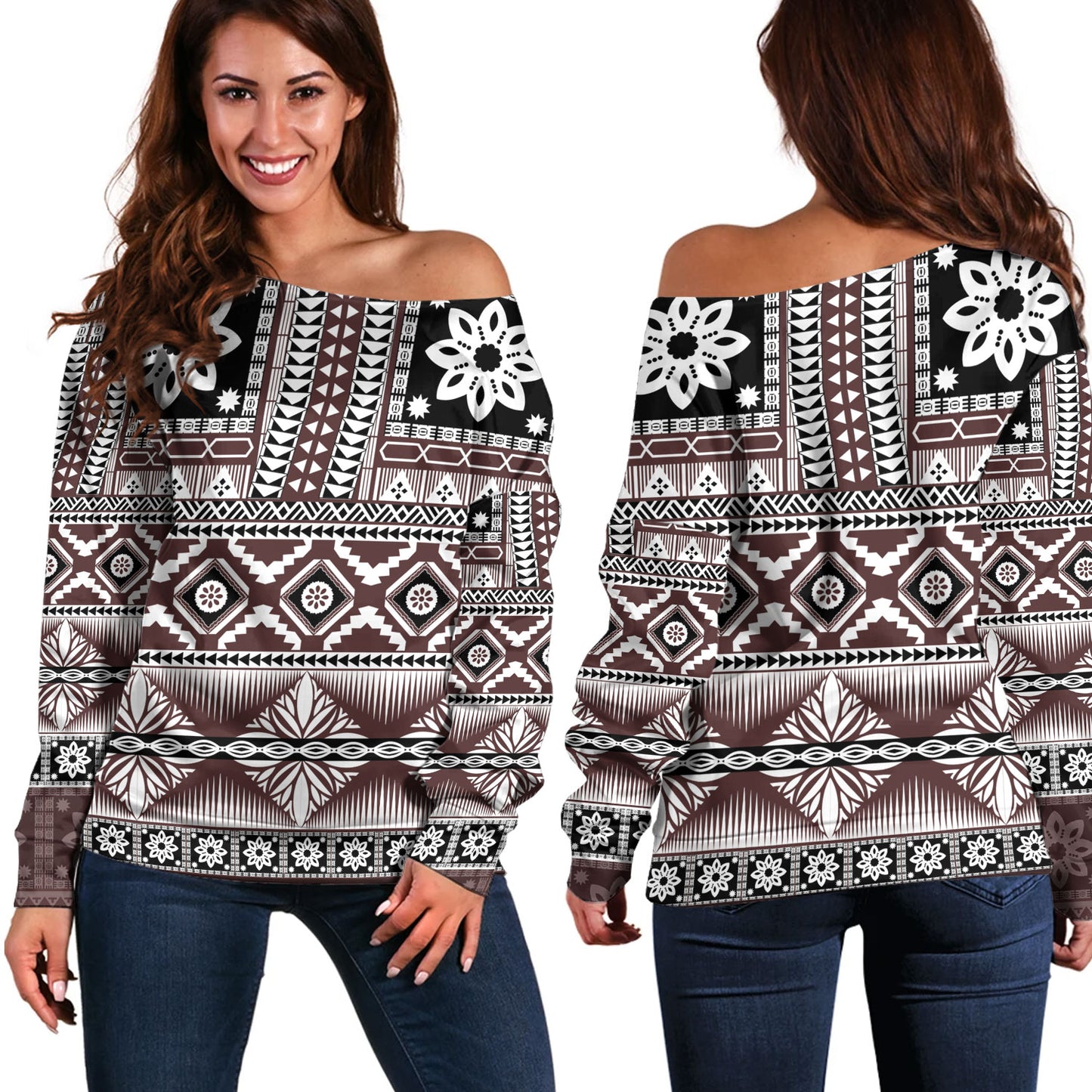 Fiji Off Shoulder Sweatshirt Bula Fijian Masi Tapa Vintage Style