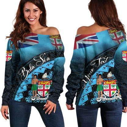 Fiji Custom Personalised Off Shoulder Sweatshirt Bula Si'a Fijian Flag Tapa Patterns Style
