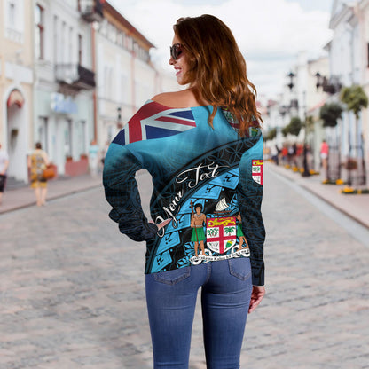 Fiji Custom Personalised Off Shoulder Sweatshirt Bula Si'a Fijian Flag Tapa Patterns Style