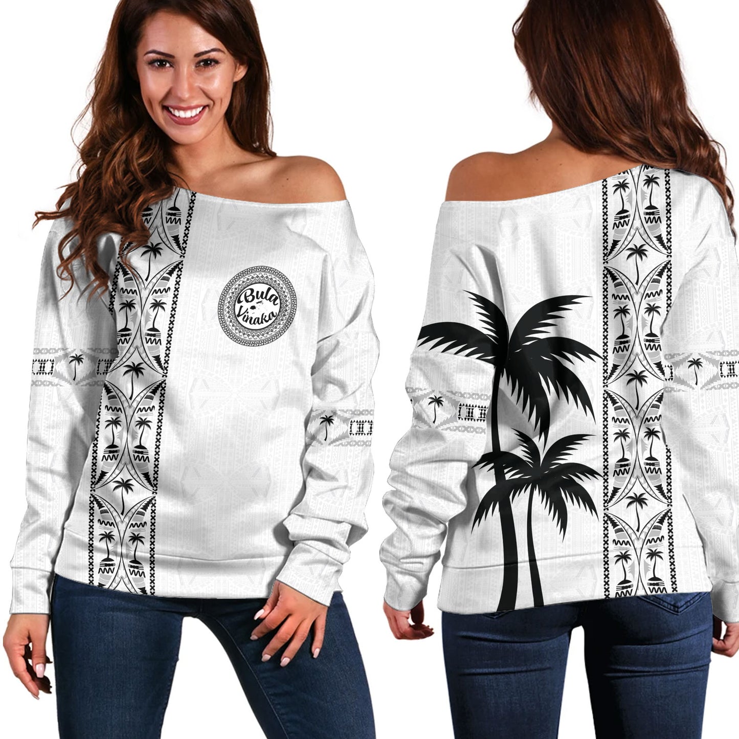 Fiji Off Shoulder Sweatshirt Bula Vinaka Tapa Palms Designs