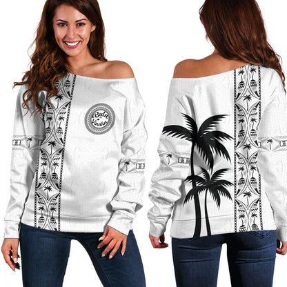 Fiji Off Shoulder Sweatshirt Bula Vinaka Tapa Palms Designs
