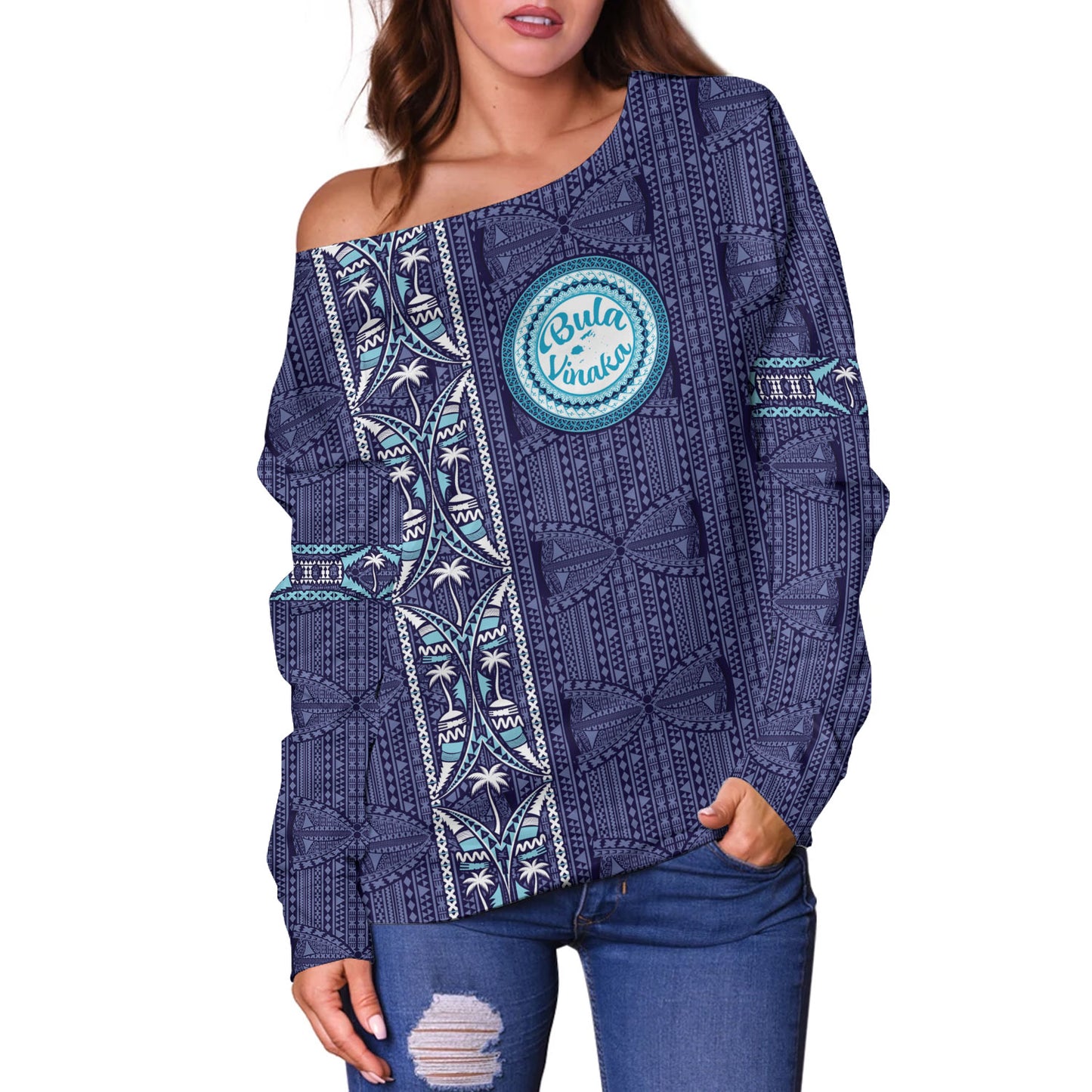 Fiji Off Shoulder Sweatshirt Bula Vinaka Tapa Palms Designs