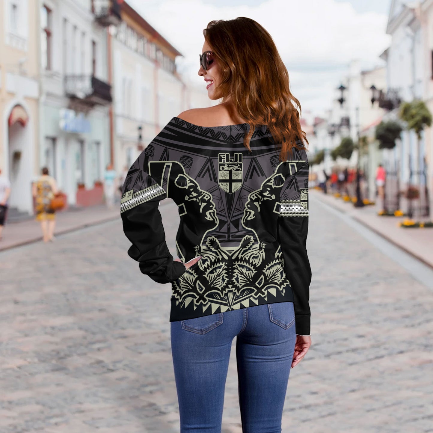 Fiji Off Shoulder Sweatshirt Fiji Bati Masi Tapa Style