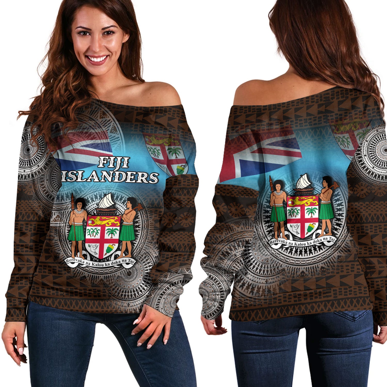 Fiji Off Shoulder Sweatshirt Custom Fiji Islanders Tapa Masi Design