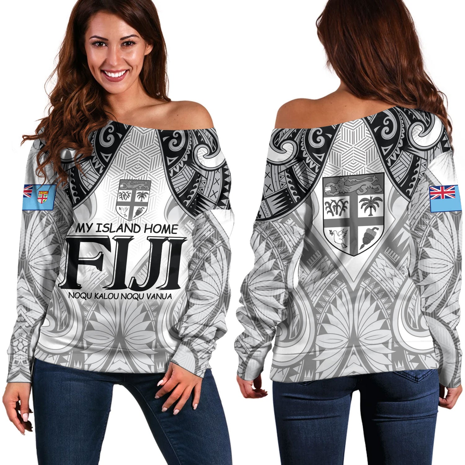 Fiji Off Shoulder Sweatshirt Fiji My Island Home Tribal Patterns