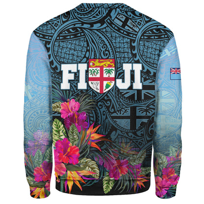 Fiji Sweatshirt - Fiji Seal With Tapa Patterns Tropical Flowers Design