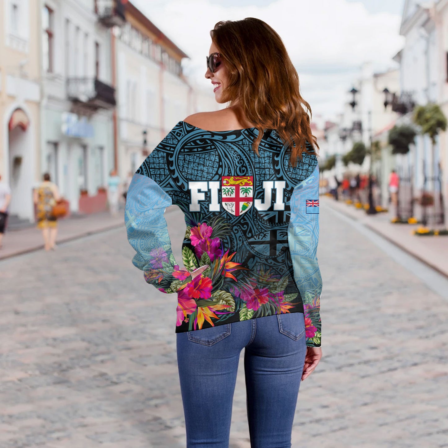 Fiji Off Shoulder Sweatshirt - Fiji Seal With Tapa Patterns Tropical Flowers Design