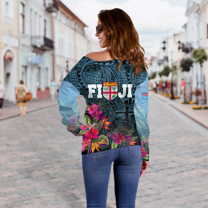 Fiji Off Shoulder Sweatshirt - Fiji Seal With Tapa Patterns Tropical Flowers Design