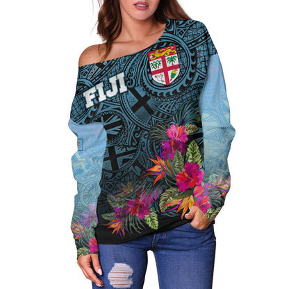 Fiji Off Shoulder Sweatshirt - Fiji Seal With Tapa Patterns Tropical Flowers Design
