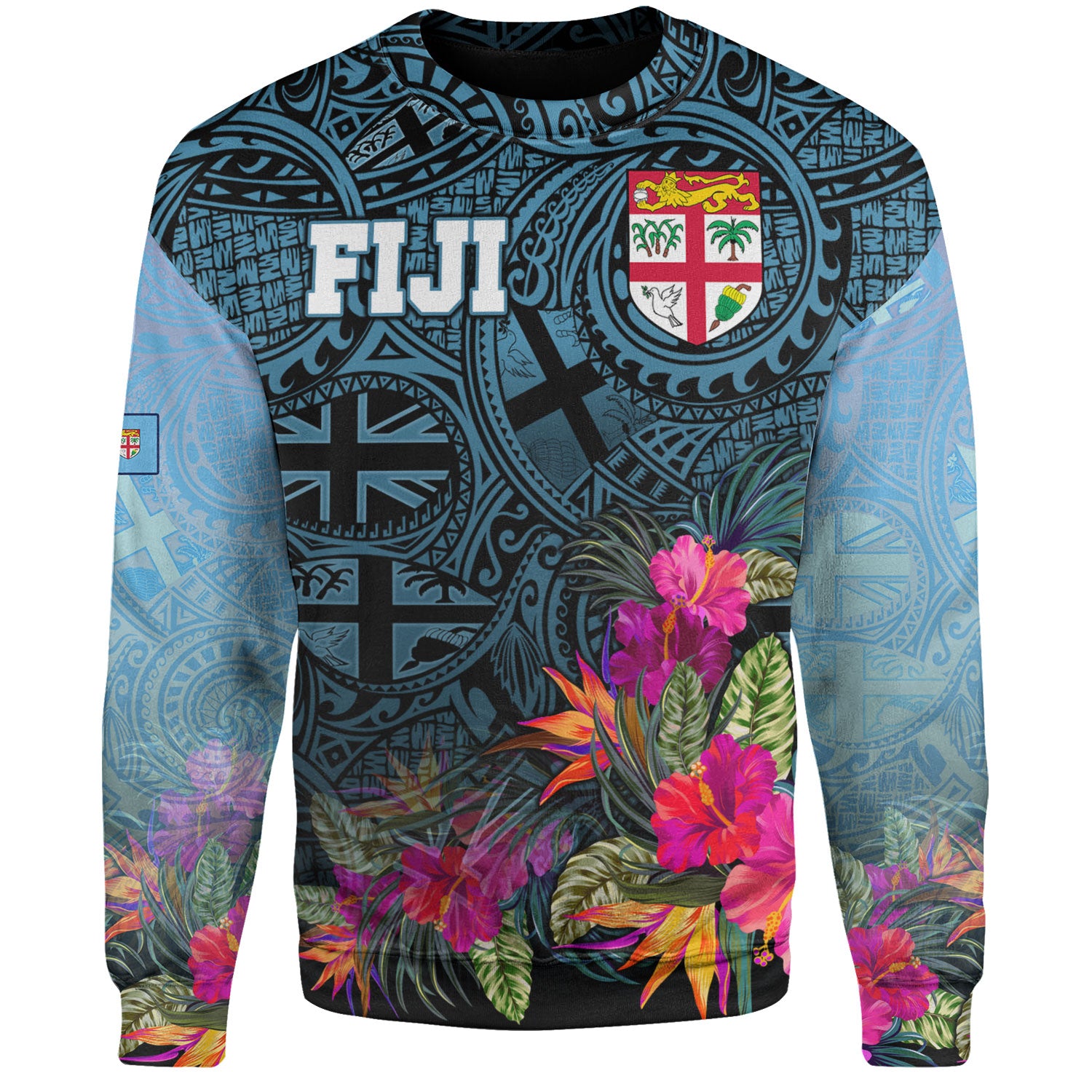 Fiji Sweatshirt - Fiji Seal With Tapa Patterns Tropical Flowers Design