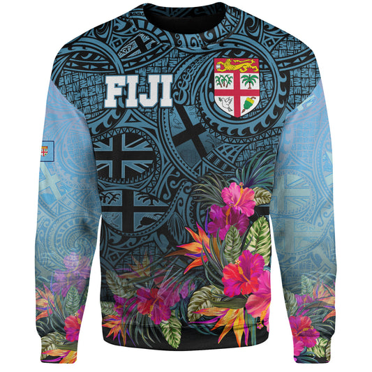 Fiji Sweatshirt - Fiji Seal With Tapa Patterns Tropical Flowers Design