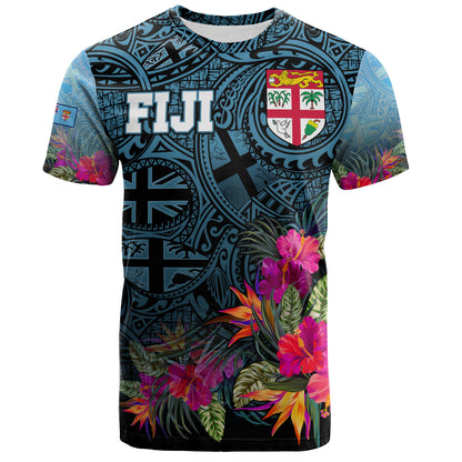 Fiji T-Shirt - Fiji Seal With Tapa Patterns Tropical Flowers Design
