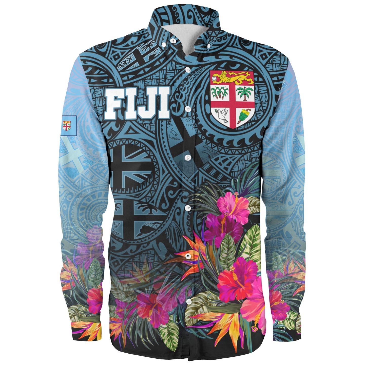 Fiji Long Sleeve Shirt - Fiji Seal With Tapa Patterns Tropical Flowers Design