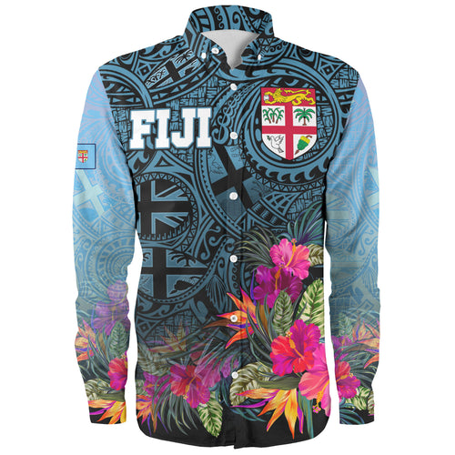 Fiji Long Sleeve Shirt - Fiji Seal With Tapa Patterns Tropical Flowers Design