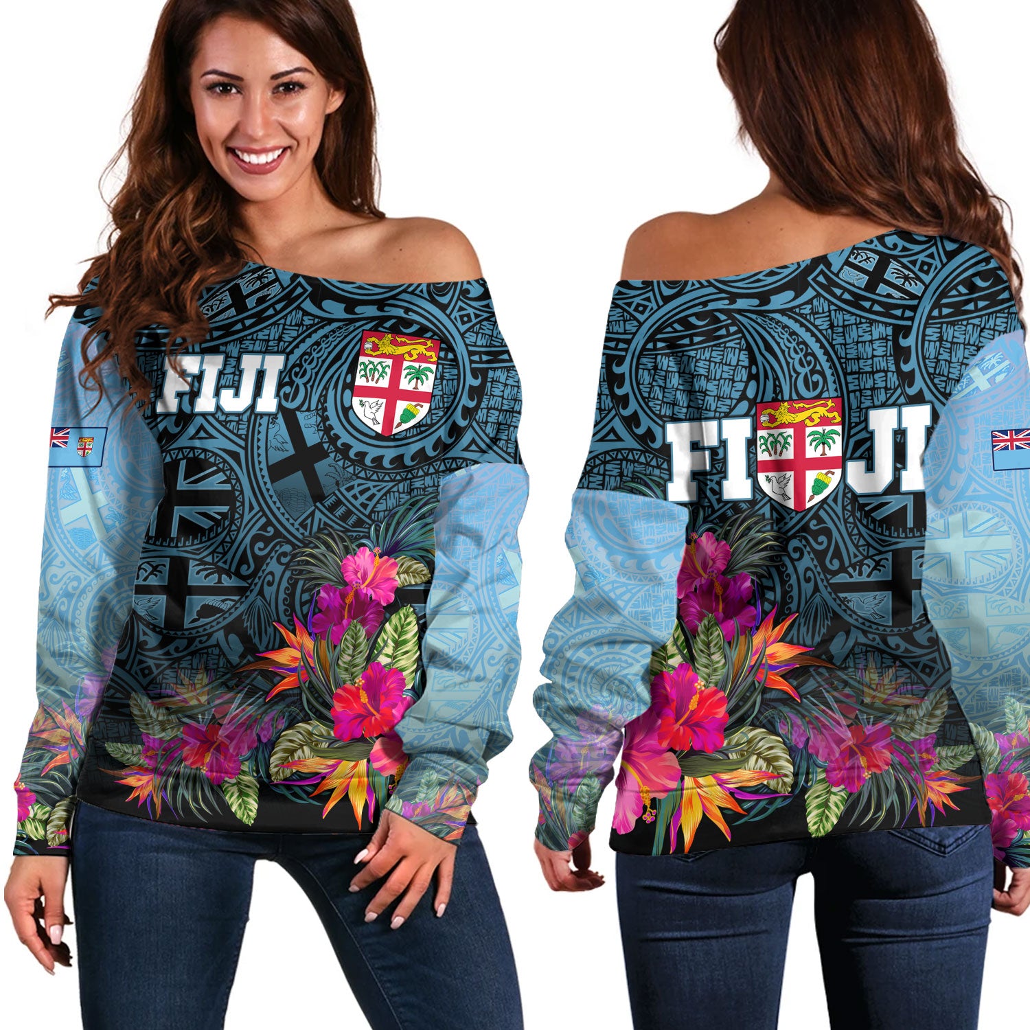Fiji Off Shoulder Sweatshirt - Fiji Seal With Tapa Patterns Tropical Flowers Design