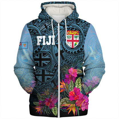 Fiji Sherpa Hoodie - Fiji Seal With Tapa Patterns Tropical Flowers Design
