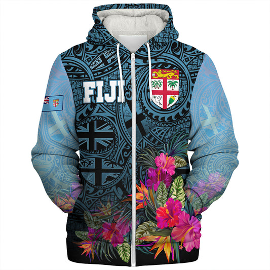 Fiji Sherpa Hoodie - Fiji Seal With Tapa Patterns Tropical Flowers Design