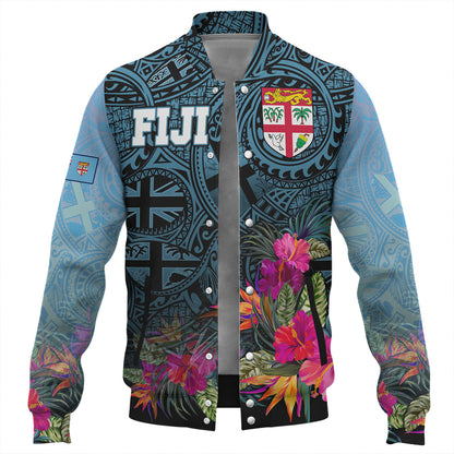 Fiji Baseball Jacket - Fiji Seal With Tapa Patterns Tropical Flowers Design