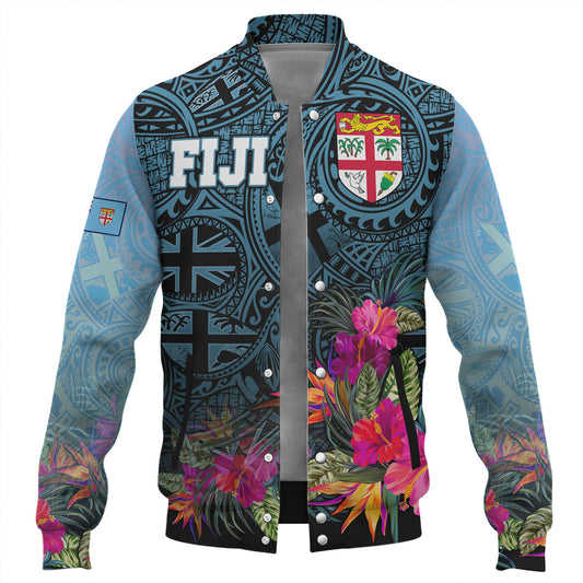 Fiji Baseball Jacket - Fiji Seal With Tapa Patterns Tropical Flowers Design