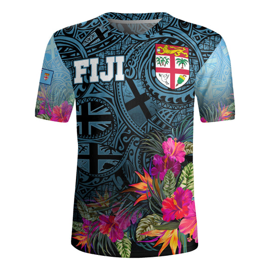 Fiji Rugby Jersey - Fiji Seal With Tapa Patterns Tropical Flowers Design