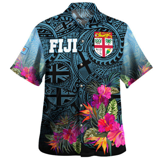 Fiji Hawaiian Shirt - Fiji Seal With Tapa Patterns Tropical Flowers Design