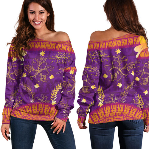 Fiji Off Shoulder Sweatshirt Fiji Tapa Tropical Plumeria Flowers Bouquet