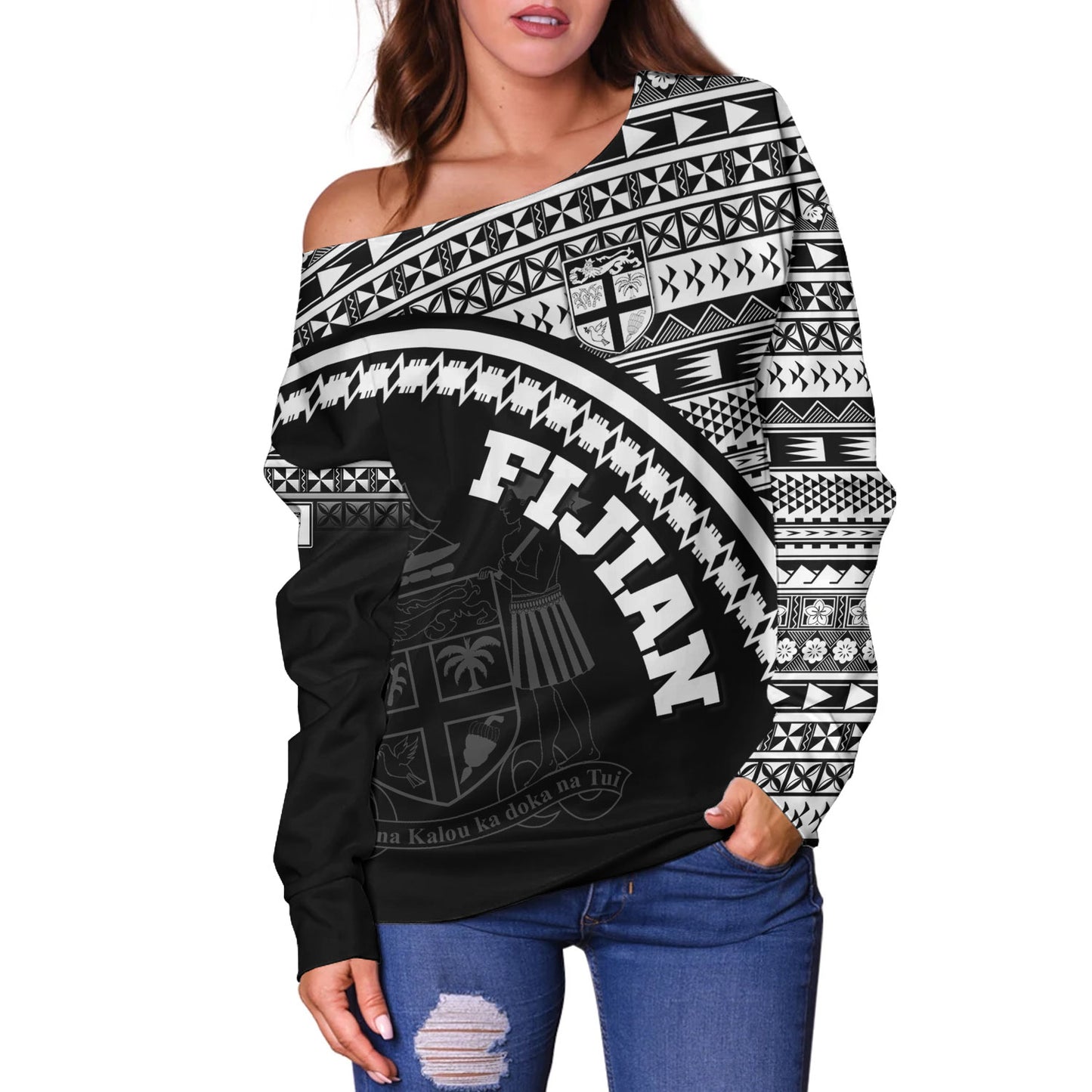 Fiji Custom Personalised Off Shoulder Sweatshirt Fijian Kesakesa Masi Patterns Curve Style