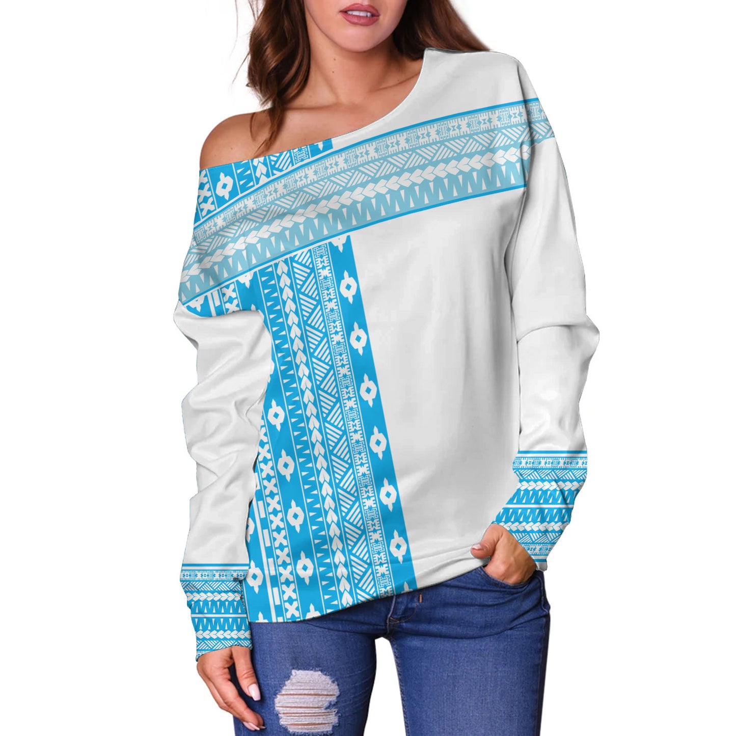 Fiji Off Shoulder Sweatshirt Fijian Makare And Tapa Design