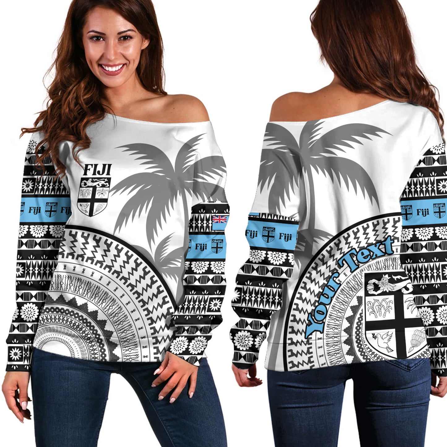 Fiji Custom Personalised Off Shoulder Sweatshirt Fijian Masi Palm Curve Style